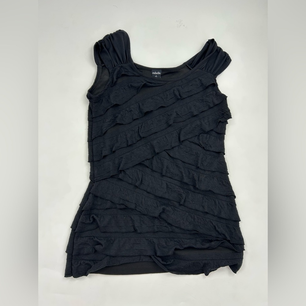 Rafaella Black Scoop Layer Ruffle Capped Sleeves Top